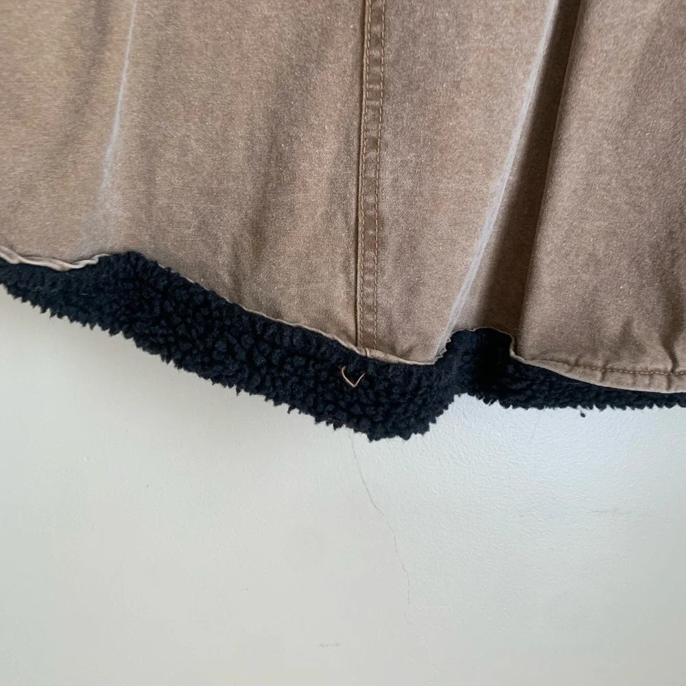 Kakadu Traders Australia Vest Brown Canvas Sherpa Lined  Leather Collar